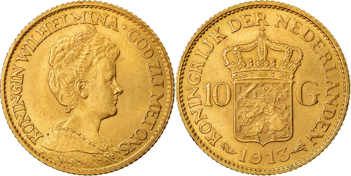 Netherlands 10 Gulden 1913 Coin, Wilhelmina I, Gold, KM:149 AU(55-58