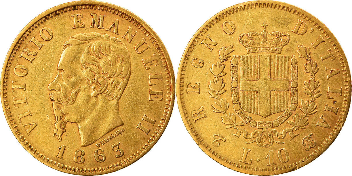 Italy 10 Lire 1863 T Coin, Vittorio Emanuele II, Torino, Gold EF