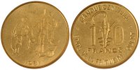 West African States 10 Francs Coin, Brass, KM:E12 -