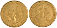 West African States 25 Francs Coin, Aluminum-Bronze, KM:5 -