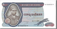 Zaire 5 Zaïres Banknote, KM:22a -