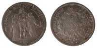 France 5 Francs Coin, Hercule, Bordeaux, Silver, Gadoury:683 -