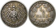 German Empire 1/2 Mark Coin, GERMANY - EMPIRE, Karlsruhe, Silver, KM:17 -