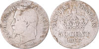 France 50 Centimes Coin, Napoleon III, Bordeaux, Silver -