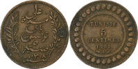 Tunisia 5 Centimes Coin, Ali Bey, Paris, Bronze, KM:221 -