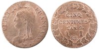 France 5 Centimes Coin, Dupré, Strasbourg, Bronze -