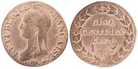 France 5 Centimes Coin, Dupré, Bordeaux, Bronze, Gadoury:126 -