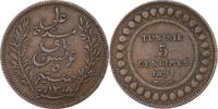 Tunisia 5 Centimes Ali Bey, Paris, Bronze, KM:221 -