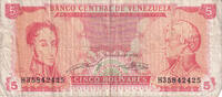 Venezuela 5 Bolivares Banknote, 1989-09-21, KM:70b -