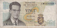 Belgium 20 Francs Banknote, 1964-06-15, KM:138 -