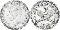 New Zealand 3 Pence Coin, George VI, British Royal Mint -