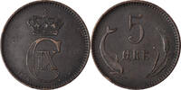 Denmark 5 Öre Coin, Christian IX, Copenhagen, Bronze -
