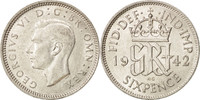 Great Britain 6 Pence Coin, George VI, Silver, KM:852 -