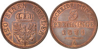 German States 3 Pfennig Coin, PRUSSIA, Wilhelm I, Copper, KM:482 -