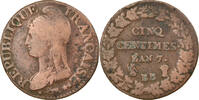 France 5 Centimes Coin, Dupré, Strasbourg, Bronze, KM:640.4 -