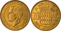 Monaco 20 Francs, Vingt 1951 Coin, Rainier III, Aluminum-Bronze AU(55-58)