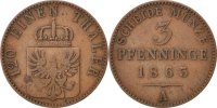 German States 3 Pfennig Coin, PRUSSIA, Wilhelm I, Copper -
