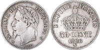 France 50 Centimes Coin, Napoleon III, Bordeaux, Silver -