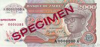 ZAIRE 2000 Zaïres Spécimen ZAIRE 2000 Zaïres Spécimen 1991 UNC -