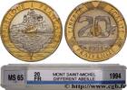 FRANCE 20 francs Mont Saint-Michel, différent abeille V REPUBLIC Pessac 1994 (27mm, 9,g, 6h) -