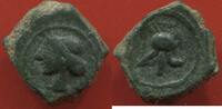 Antike Münzen BRONZE GAULOISE CELTIBÈRE PETIT FRAPPE A CARTHAGÈNE R/ CASQUE POIDS 2.1g -