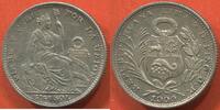 Ausländische Münzen 1/5 SOL PEROU EN ARGENT 1900 JF ETAT SUPERBE JOLIE MONNAIE / N° CATALOGUE : KM205.2 -