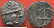 Antike Münzen OBOLE MARSEILLE PÉRIODE PRÉCLASSIQUE 450-410 AV J-C MASSALIA DE MARSEILLE EN ARGENT TYPE DU TRÉSOR D'AURIOL A/ TÊTE CASQUÉE A DROITE -