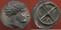 Antike Münzen OBOLE MARSEILLE PERIODE CLASSIQUE 410-336 AV J-C DE MARSEILLE EN ARGENT A/ TÊTE D'APOLLON A DROITE DEVANT TAN. R/ ROUE A QUATRE RAYO -