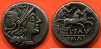 Antike Münzen DENIER RÉPUBLIQUE ROMAINE FAMILLE SAUFEIA 100 AV J-C EN ARGENT A/ TÊTE DE LA DÉESSE ROME A DROITE, AVEC LE CASQUE AILE ET SURMONTE D' -