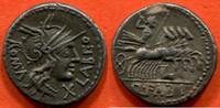 Antike Münzen DENIER RÉPUBLIQUE ROMAINE FAMILLE FABIA 144 AV J-C EN ARGENT A/ LABEO ROMA TÊTE DE LA DÉESSE A DROITE, AVEC LE CASQUE AILE, DEVANT X -