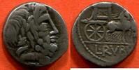 Antike Münzen DENIER RÉPUBLIQUE ROMAINE FAMILLE RUBRIA 123 AV J-C EN ARGENT A/ DOSSEN TÊTE LAURÉE DE JUPITER A DROITE, LE SCEPTRE SUR L’ÉPAULE R/ L -