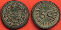 Antike Münzen DUPONDIUS AUGUSTE 27 AV 14 AP J-C A/ AVGVSTVS TRIBVNIC POTEST DANS UNE COURONNE DE CHÊNE R/ T CRISPINVS III VIR A A A F F AUTOUR DE SC -