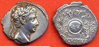 Antike Münzen DENIER AUGUSTE 27 AV 14 AP J-C A/ SON BUSTE LAURE A DROITE R/ CAESAR AVGVSTVS S P Q R DEUX BRANCHES DE LAURIER, AU MILIEU, UN BOUCL -