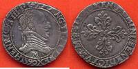 Französische Königliche Münzen DEMI-FRANC EN ARGENT HENRI III 1574-1589 MONNAYAGE DE LA LIGUE AU NOM D'HENRI III A/ HENRICVS III D G FRANC ET POL REX 1590 BUSTE A DROITE DU ROI, -