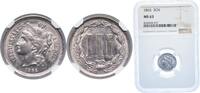 United States 3 Cents United States Federal republic 1865 3 Cents Three Cent Nickel Copper-nickel (.750 copper, .250 nickel) (11382000) 1.94g NGC MS -