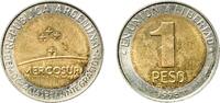 Argentina 1 Peso Argentina Federal Republic 1998 1 Peso (Mercosur) Bimetallic: aluminium bronze centre in copper-nickel ring (Cu 92 Al 6 Ni 2 - C -