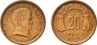 Chile 20 Centavos Chile Republic 1943 So 20 Centavos Copper Casa de Moneda de Chile Mint (396000000) 2.96g XF KM 177 -