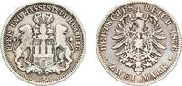 Free Hanseatic city of Hamburg 2 Mark Germany Free Hanseatic city of Hamburg German states 1876 J 2 Mark Silver (.900) (2325000) 10.88g VF KM 604 J 61 AKS 47 -