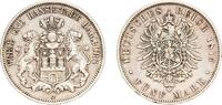 Free Hanseatic city of Hamburg 5 Mark Germany Free Hanseatic city of Hamburg German states 1875 J 5 Mark Silver (.900) Hamburg Mint (286000) 27.63g XF KM 598 J 62 Da -