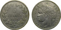 France 5 Francs France Third Republic 1871K 5 Francs Ceres Silver (.900) Bordeaux Mint 25g VF F332 Gad742 KM818.2 -