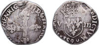 France ⅛ Silver Ecu France Kingdom 1578 - 1588 9 ⅛ Ecu - Henri III Silver (.917) Rennes Mint 4.55g VF Surface hairlines Dy royales 1134 -