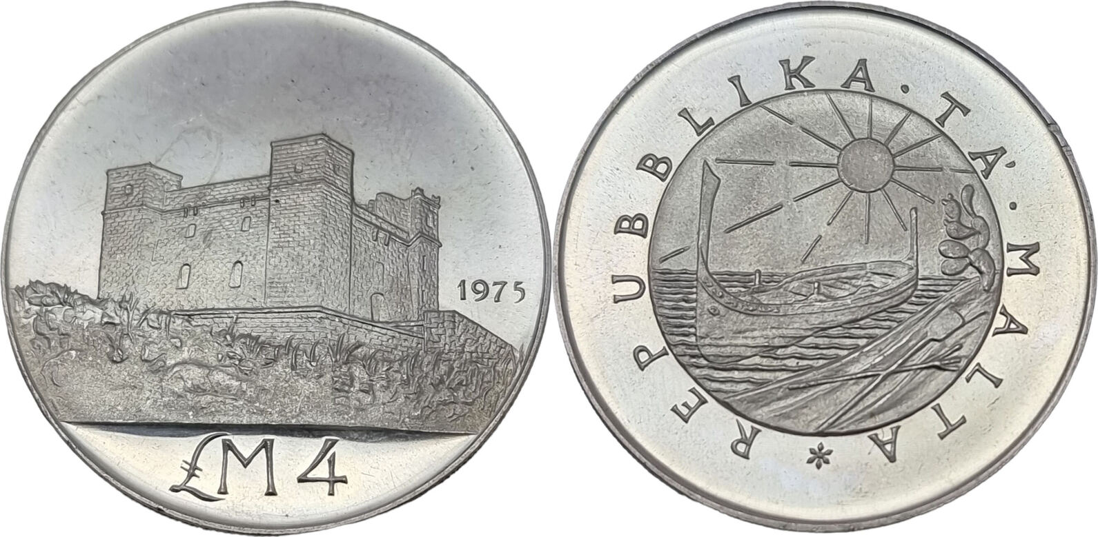 4 Lira (Malta Pound) Turm der Heiligen Agatha /Das Wappen Maltas von 1975  auf der Bildseite/ UNC- | MA-Shops