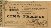 Commune et Ville 5 francs Bon municipal, commune de Vendeuil, bon de 5 francs, TTB+ -