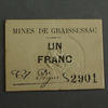 Numismatique des mines 1 franc Mines de Graissessac, carton de un franc uniface, 1 franc, TTB+ -