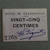 Numismatique des mines 25 centimes Mines de Graissesac, carton de vingt cinq centimes, 25 centimes , TTB+ -