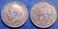 Grande Bretagne, Great Britain, Angleterre GREAT BRITAIN, GRANDE BRETAGNE, Georg V, Georges V, 3 pences 1917, KM.813 TTB -