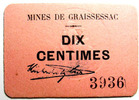 Numismatique des mines MINES DE GRAISSESSAC, Carton de dix centimes, tampon sec, fleuron point et triangle, SUPERBE+ -