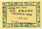 Numismatique des mines 1 franc AUCHEL, Compagnie de Ferfay, 1 franc, 3 Décembre 1915, P.62.25 Q.NEUF -