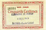 Numismatique des mines 50 centimes AUCHEL, Compagnie de Ferfay, 50 centimes, 3 Décembre 1915, P.62.24 Q.NEUF -