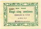 Numismatique des mines 25 centimes AUCHEL, Compagnie de Ferfay, 25 centimes, 20 Mai 1915, P.62.16 Q.NEUF -